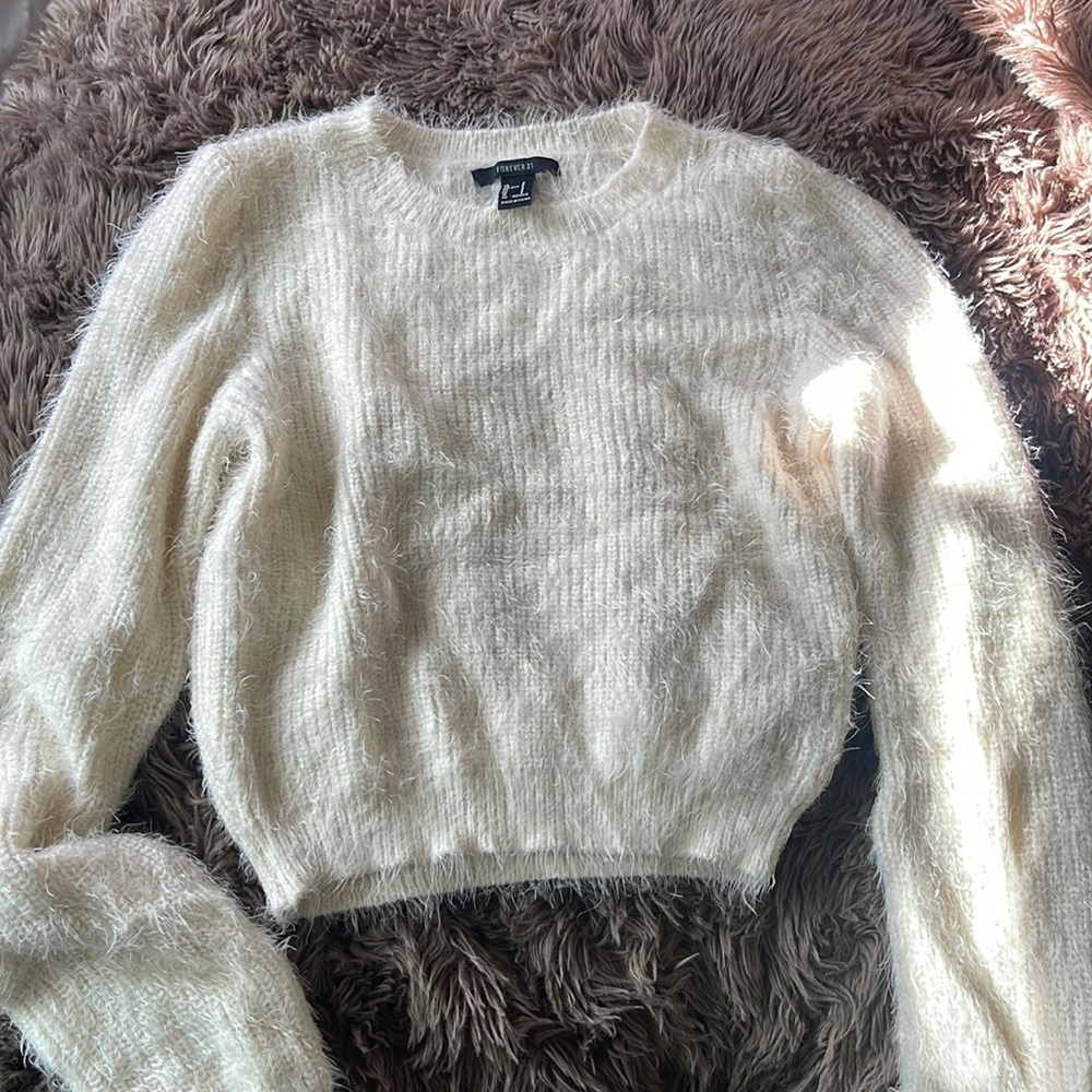 Fuzzy white crew neck sweater